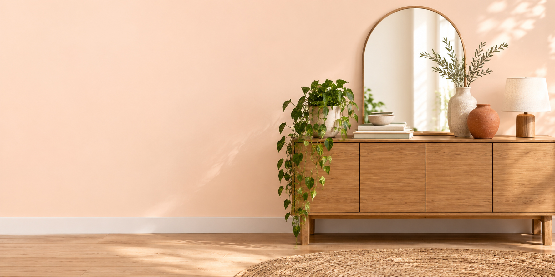 Styled sideboard with vases and plants