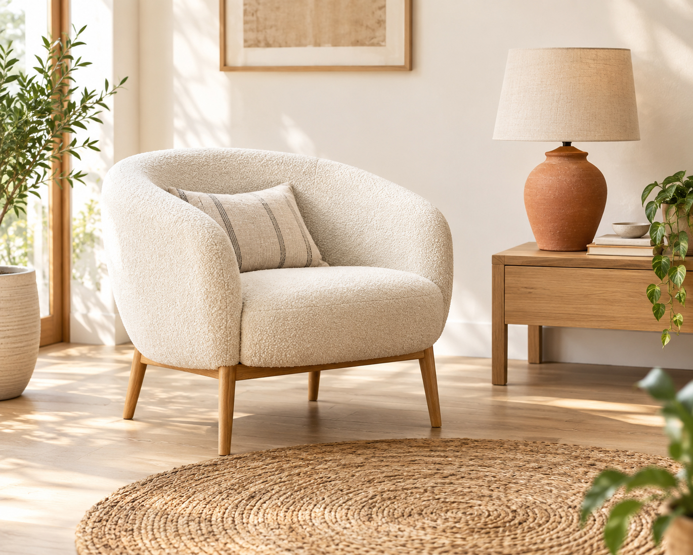 Bright living room with boucle chair, ceramic lamp and jute rug