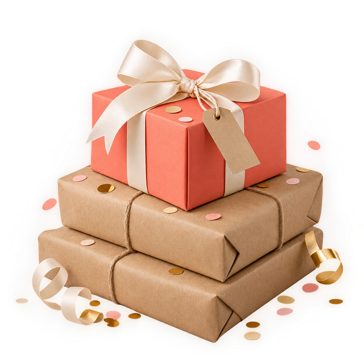 Gift box and parcel with ribbon